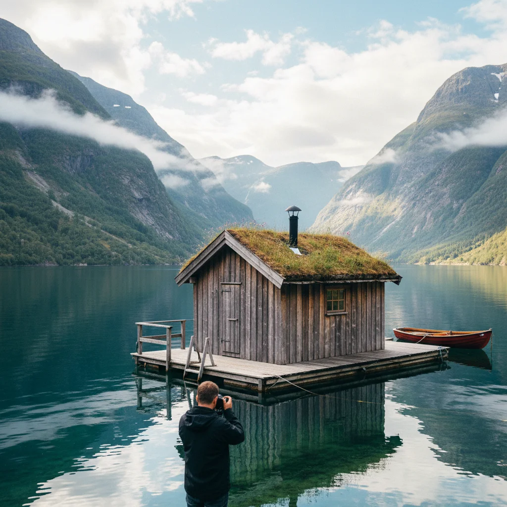 Schwimmende Holzsauna auf einem norwegischen Fjord