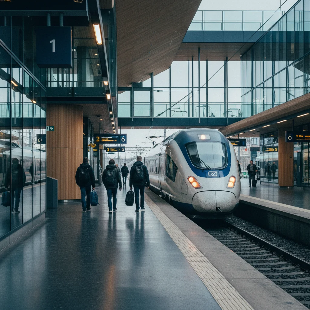 Moderner skandinavischer Bahnhof mit einfahrendem Schnellzug