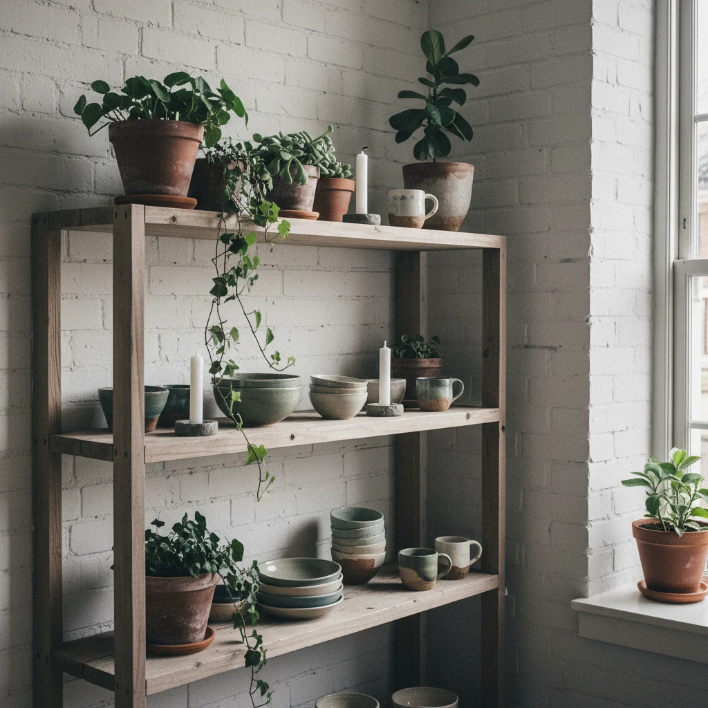 DIY-Regal aus hellem Holz mit Pflanzen und Keramik