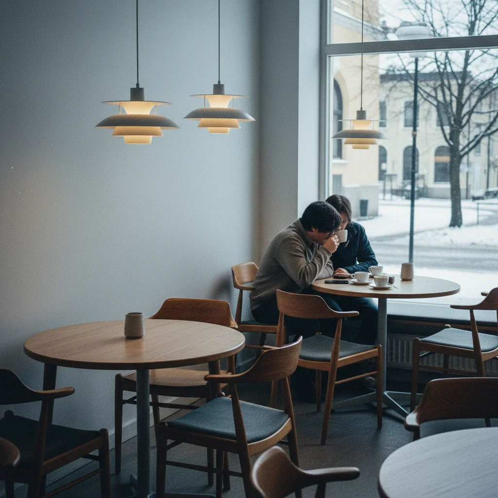 Skandinavische Designklassiker: Holzstühle und Lampen im Mid-Century-Stil