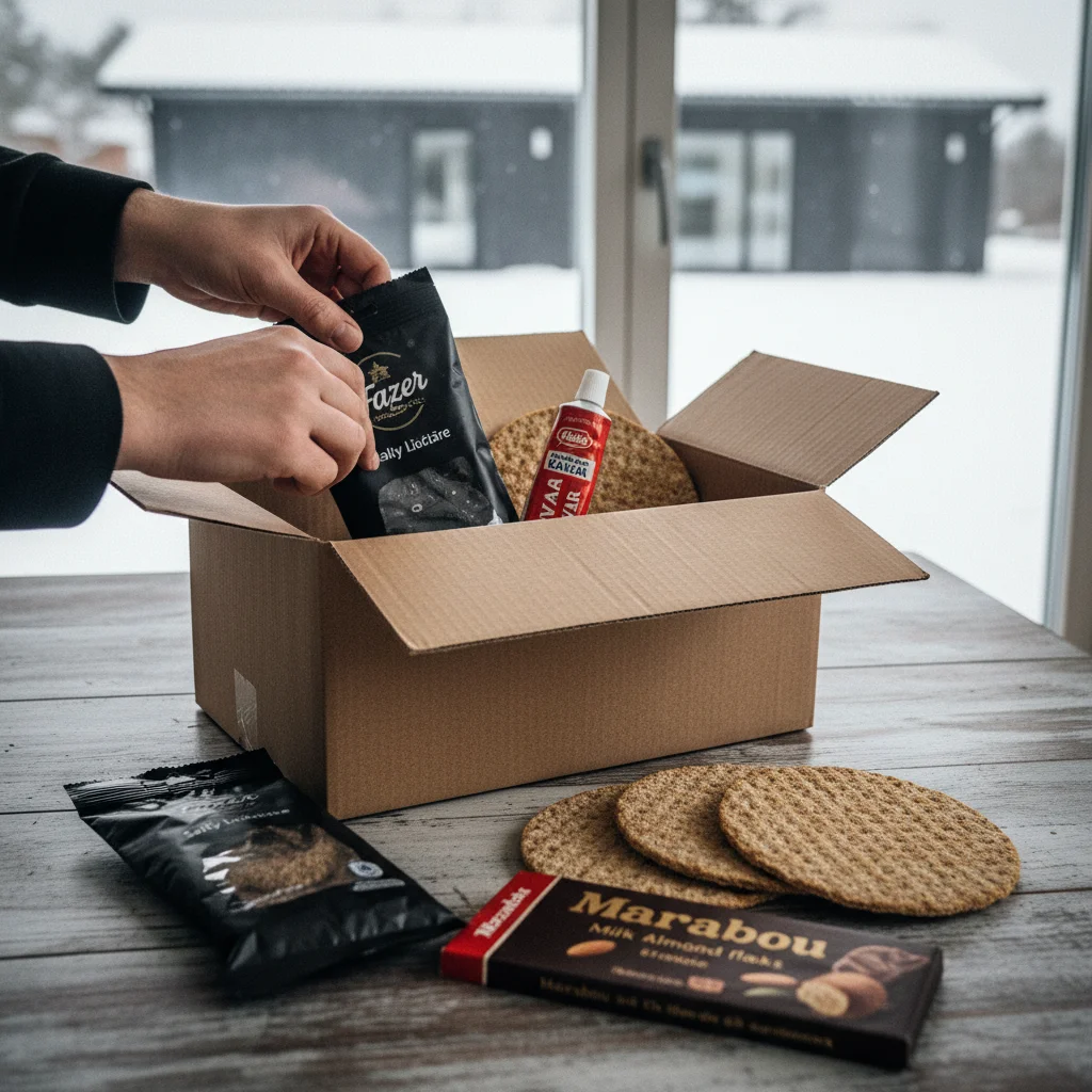 Paket mit skandinavischen Lebensmitteln wird ausgepackt: Lakritze, Knäckebrot, Kaviar-Tube und Schokolade