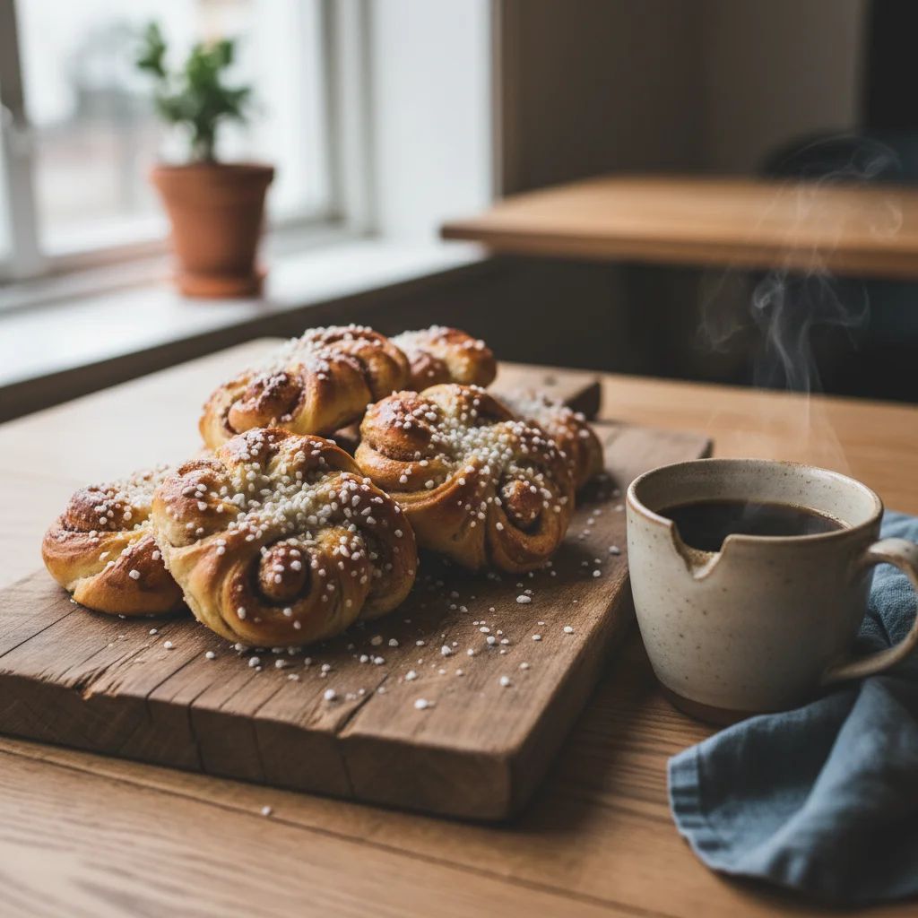 Selbstgemachte schwedische Zimtschnecken auf einem Holzbrett mit Kaffeetasse