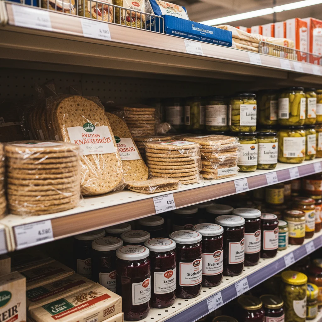 Supermarktregal mit skandinavischen Produkten: Knäckebrot, Hering, Preiselbeermarmelade