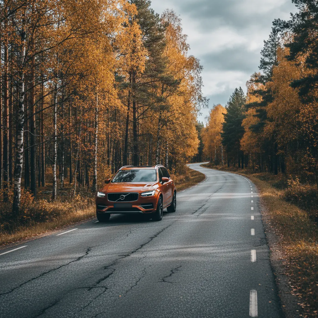 Volvo-Fahrzeug auf einer schwedischen Straße im Herbst