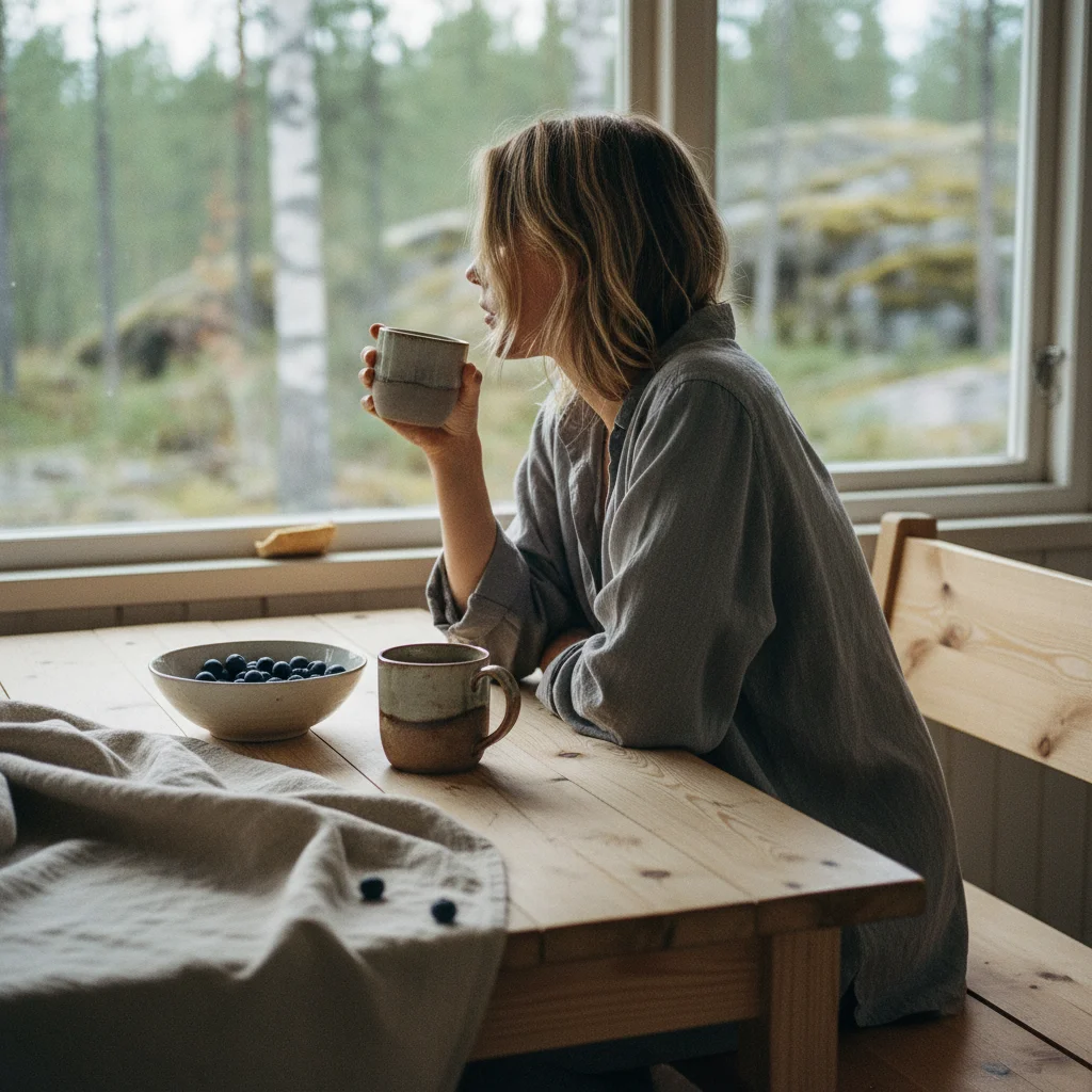 Naturmaterialien: helles Birkenholz, Leinenstoffe und Keramik