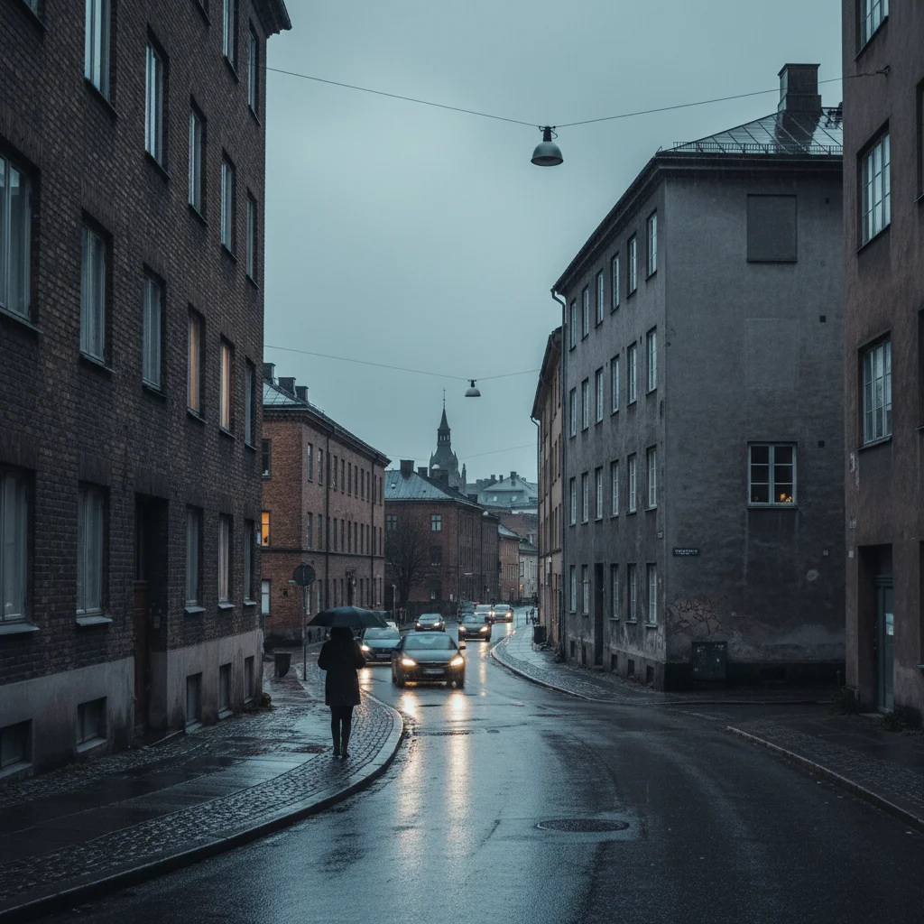 Düstere skandinavische Stadtlandschaft bei Regen, typisch für Nordic Noir Serien