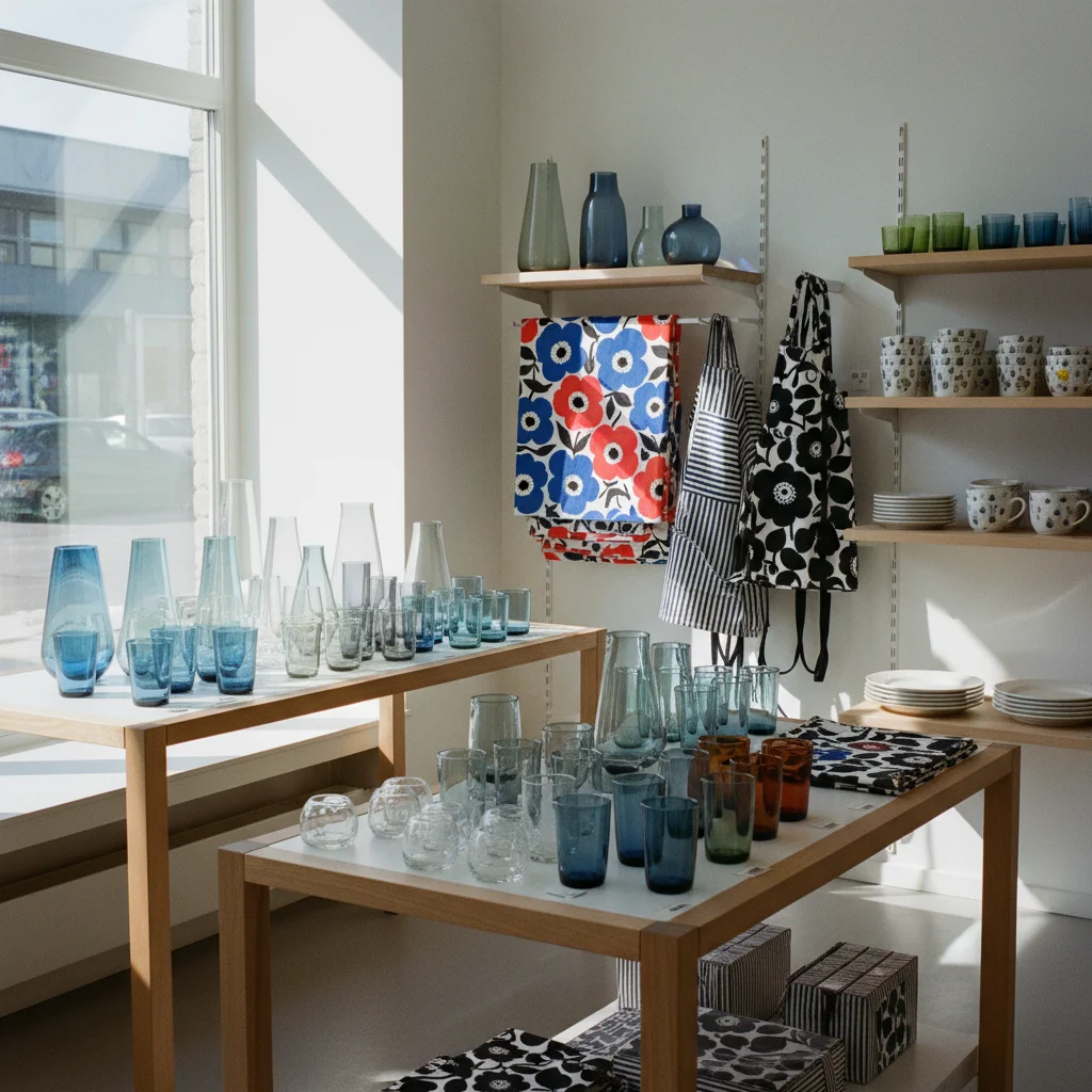 Finnische Designobjekte von Iittala und Marimekko in einem Geschäft in Helsinki