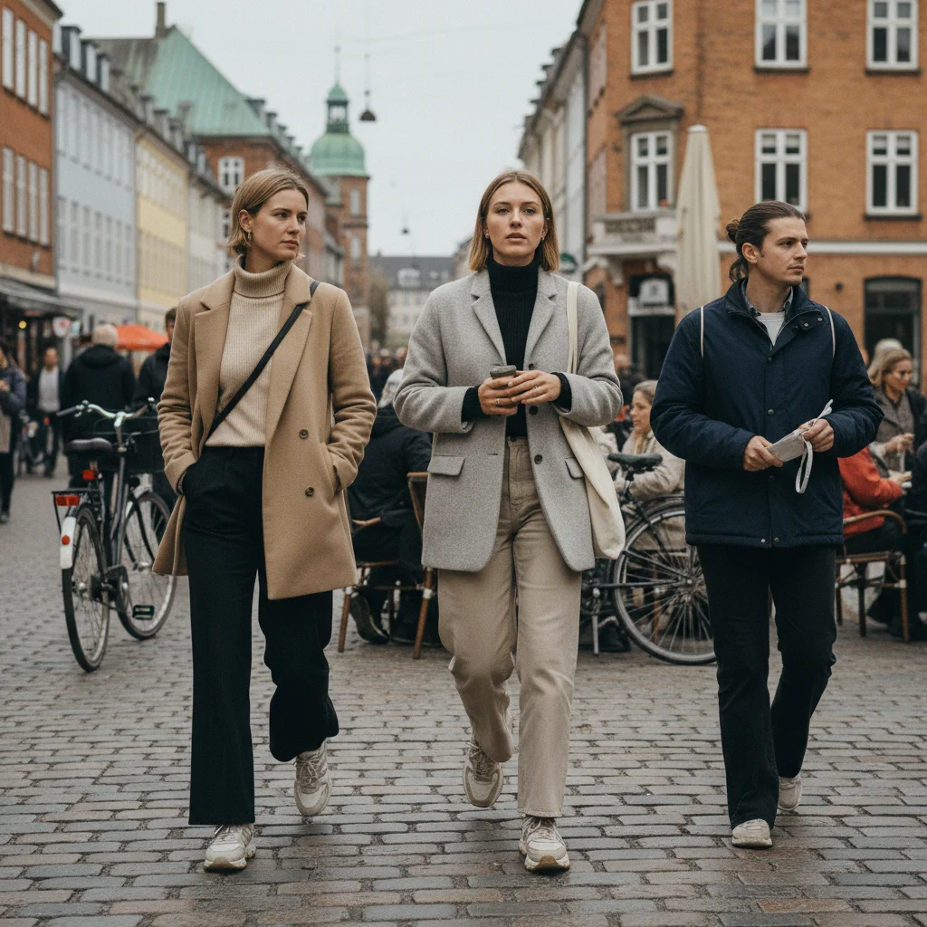 Straßenszene in Kopenhagen mit Menschen in typisch skandinavischer Mode
