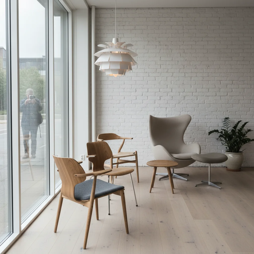 Klassische skandinavische Designerstühle in einem hellen Showroom