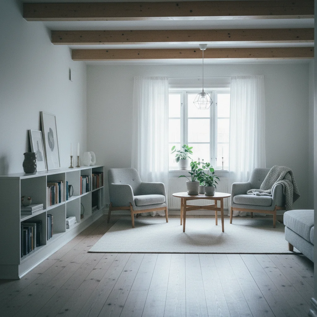Helles skandinavisches Wohnzimmer mit minimalistischen Möbeln und Holzakzenten