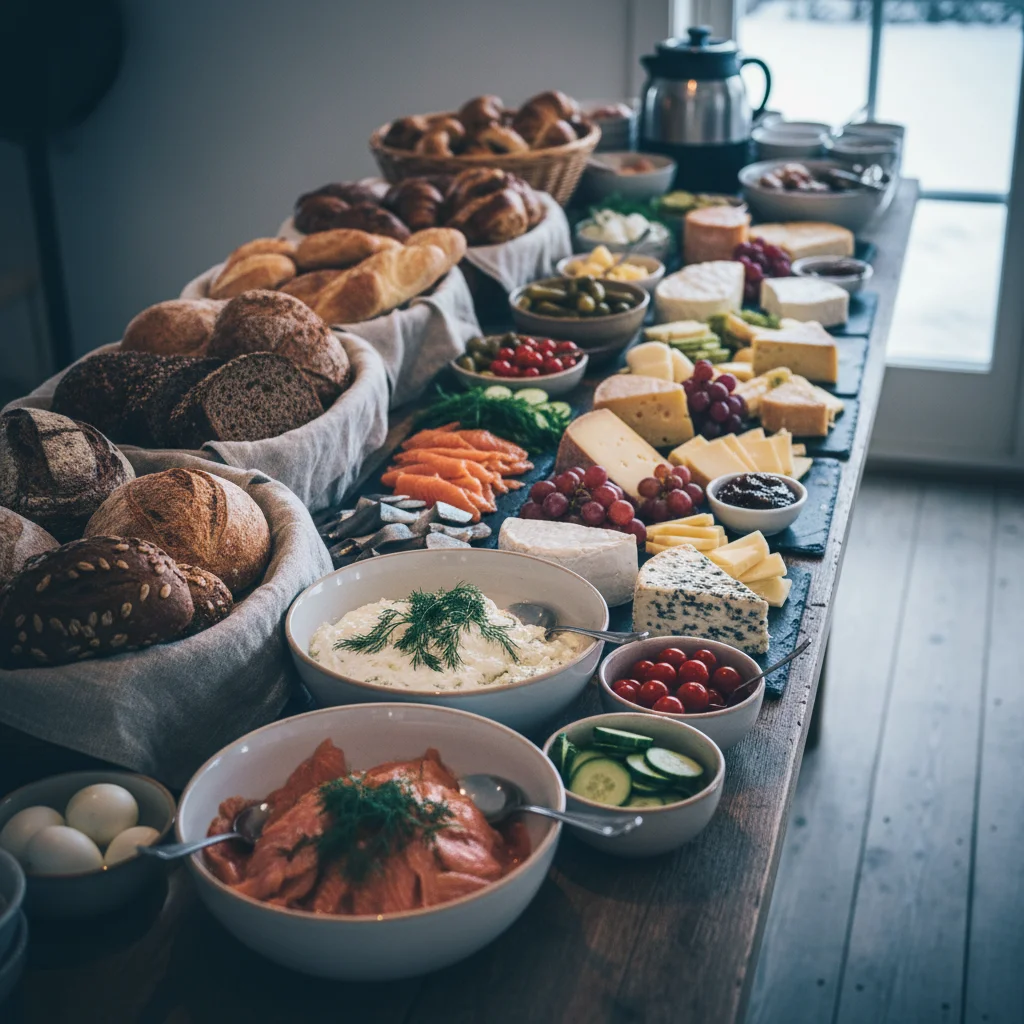 Reichhaltiges skandinavisches Frühstücksbuffet mit Brot, Lachs und Käse