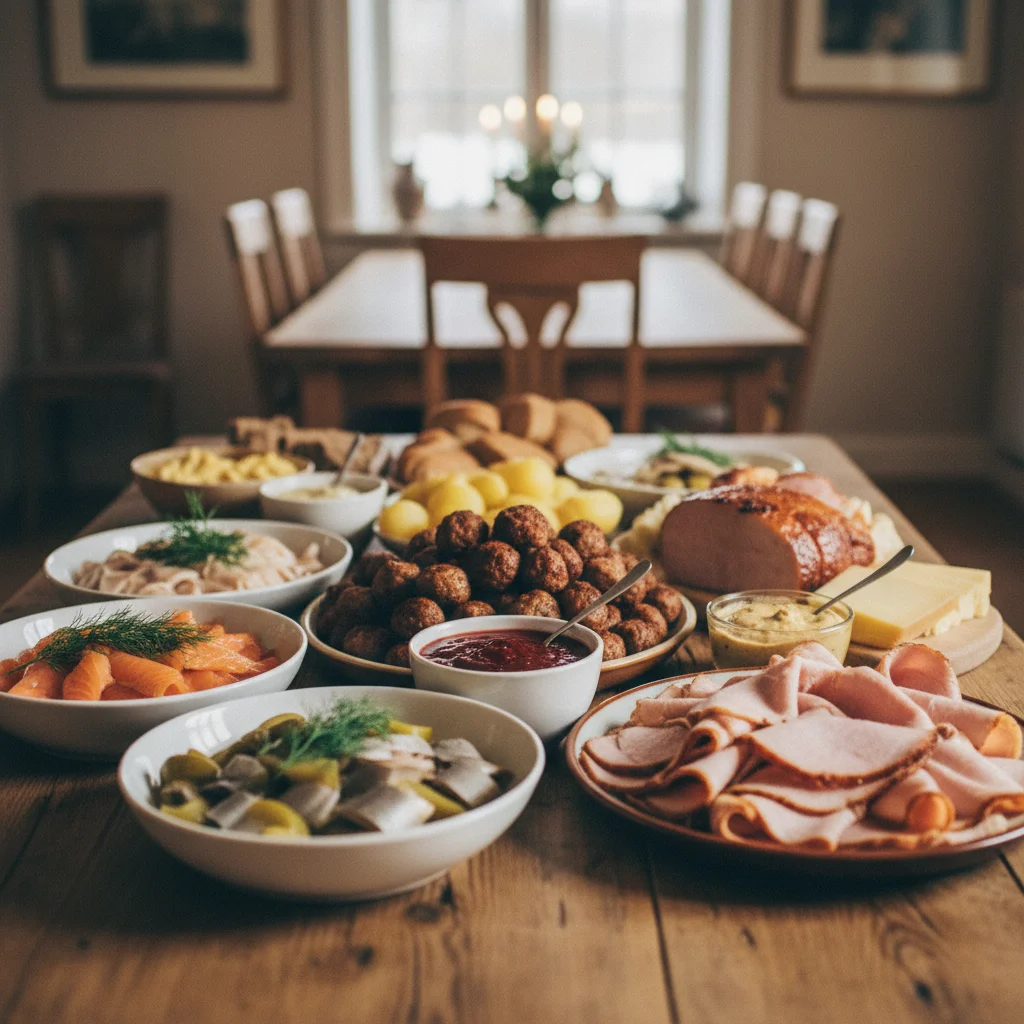 Schwedisches Julbord mit Hering, Lachs, Köttbullar und Schinken
