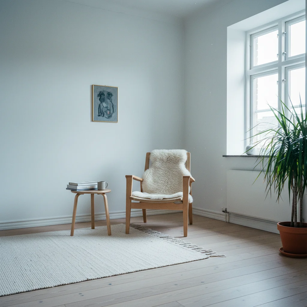 Helles skandinavisches Wohnzimmer mit Holzboden und weißen Wänden