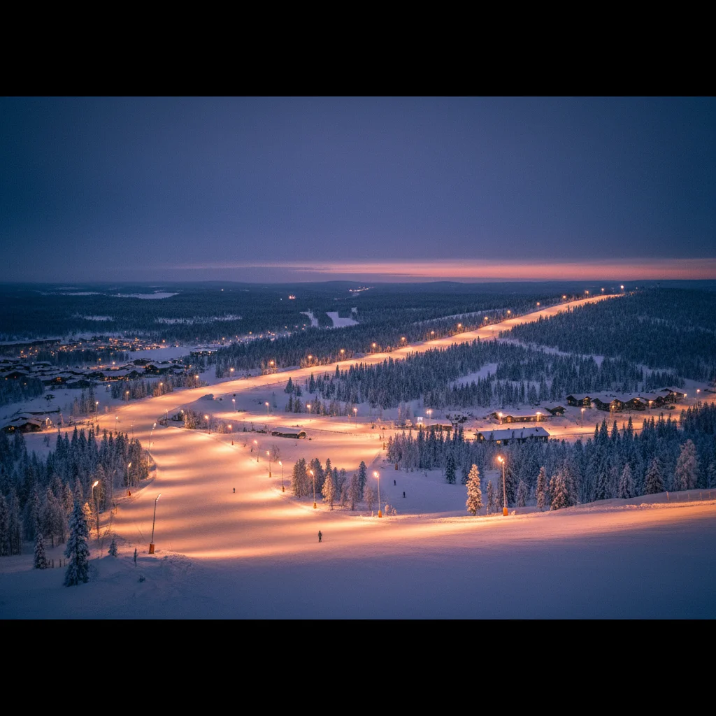 Beleuchtete Skipisten in Levi, Finnland, in der blauen Dämmerung der Polarnacht