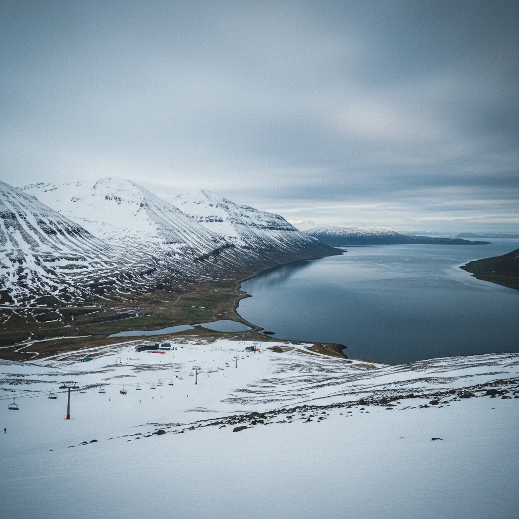 Verschneite Berge in Nordisland mit Skigebiet und Fjordblick