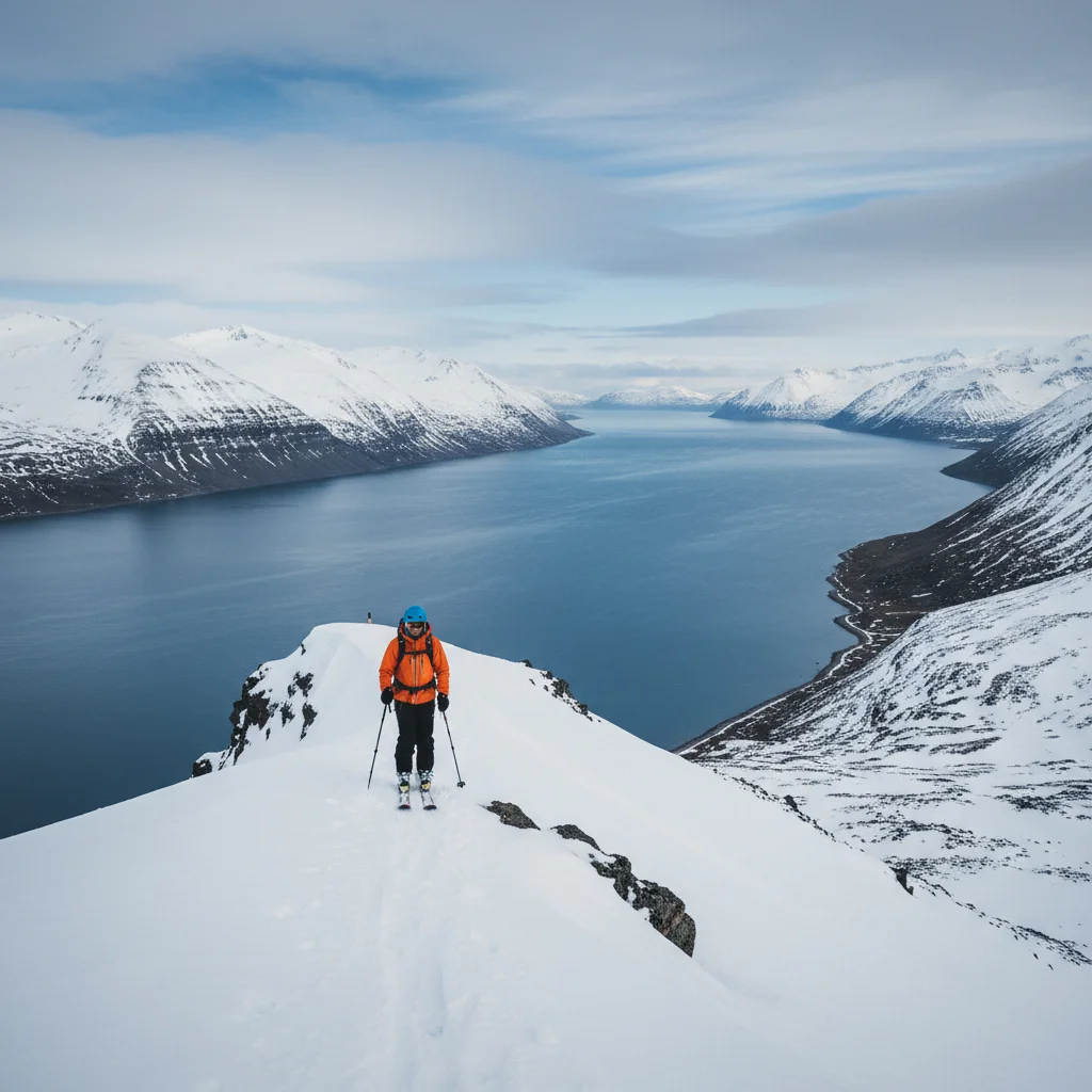 Skifahrer auf der Troll-Halbinsel bei Dalvík mit Blick auf den Fjord