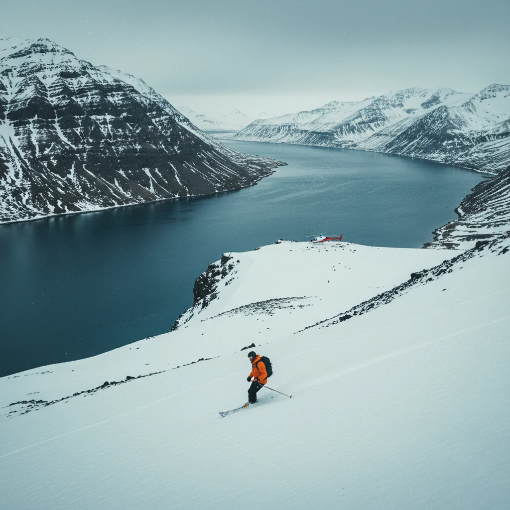Heliskiing auf Island mit Abfahrt Richtung Fjord