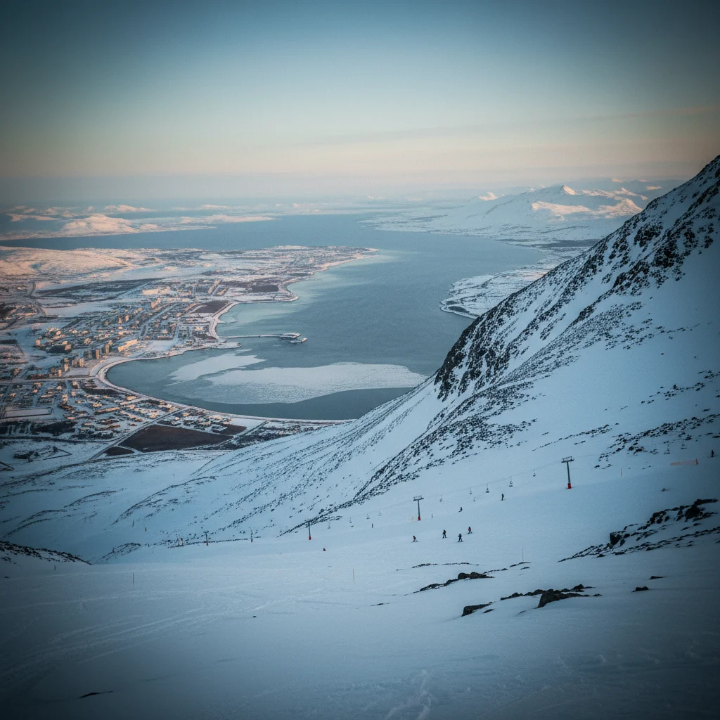 Skipiste am Hlíðarfjall mit Blick auf Akureyri und den Eyjafjörður