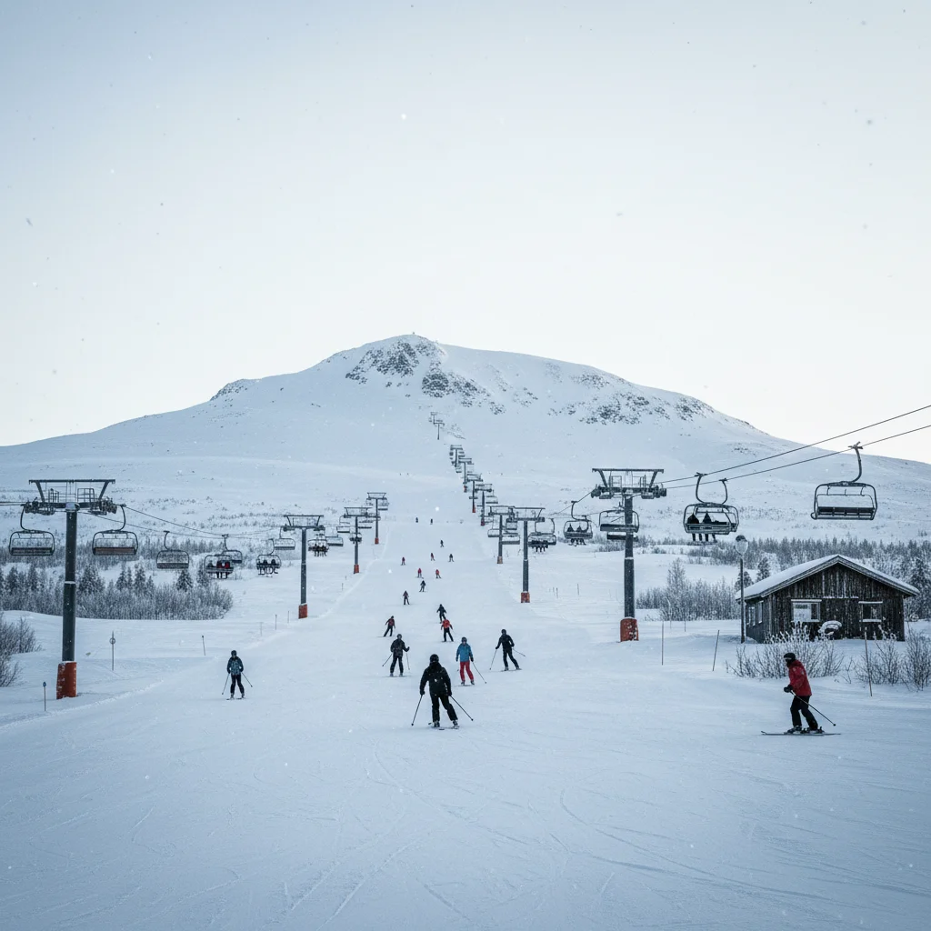 Breite, fast leere Piste im Skigebiet Åre mit verschneiten Bergen und Wäldern