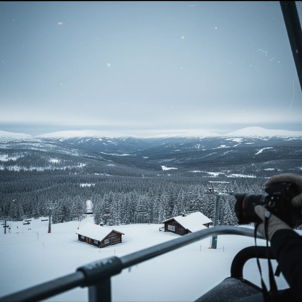 Sessellift in einem schwedischen Skigebiet mit Panoramablick auf verschneite Fjäll-Landschaft