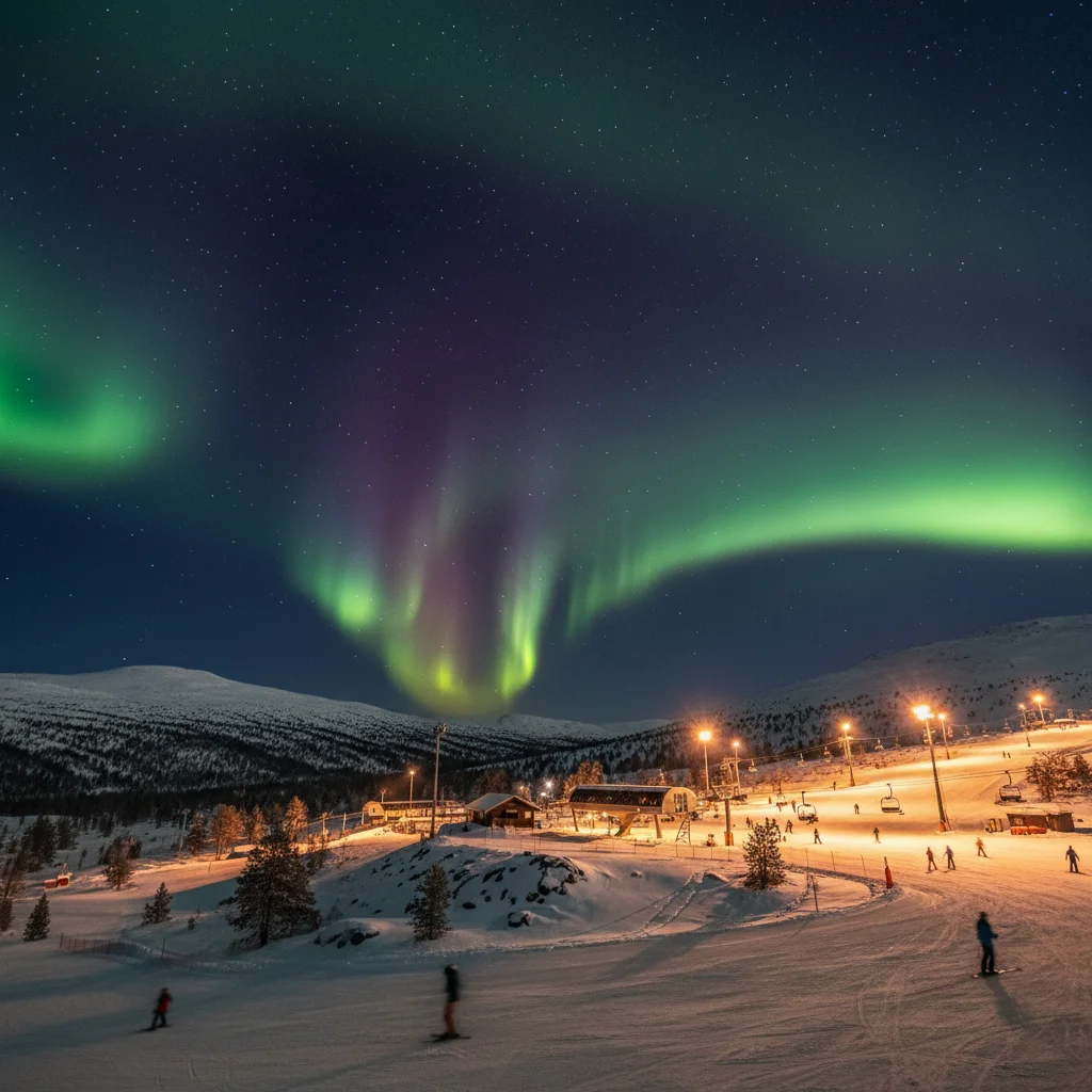 Nordlichter über einem beleuchteten Skigebiet in Lappland bei Nacht