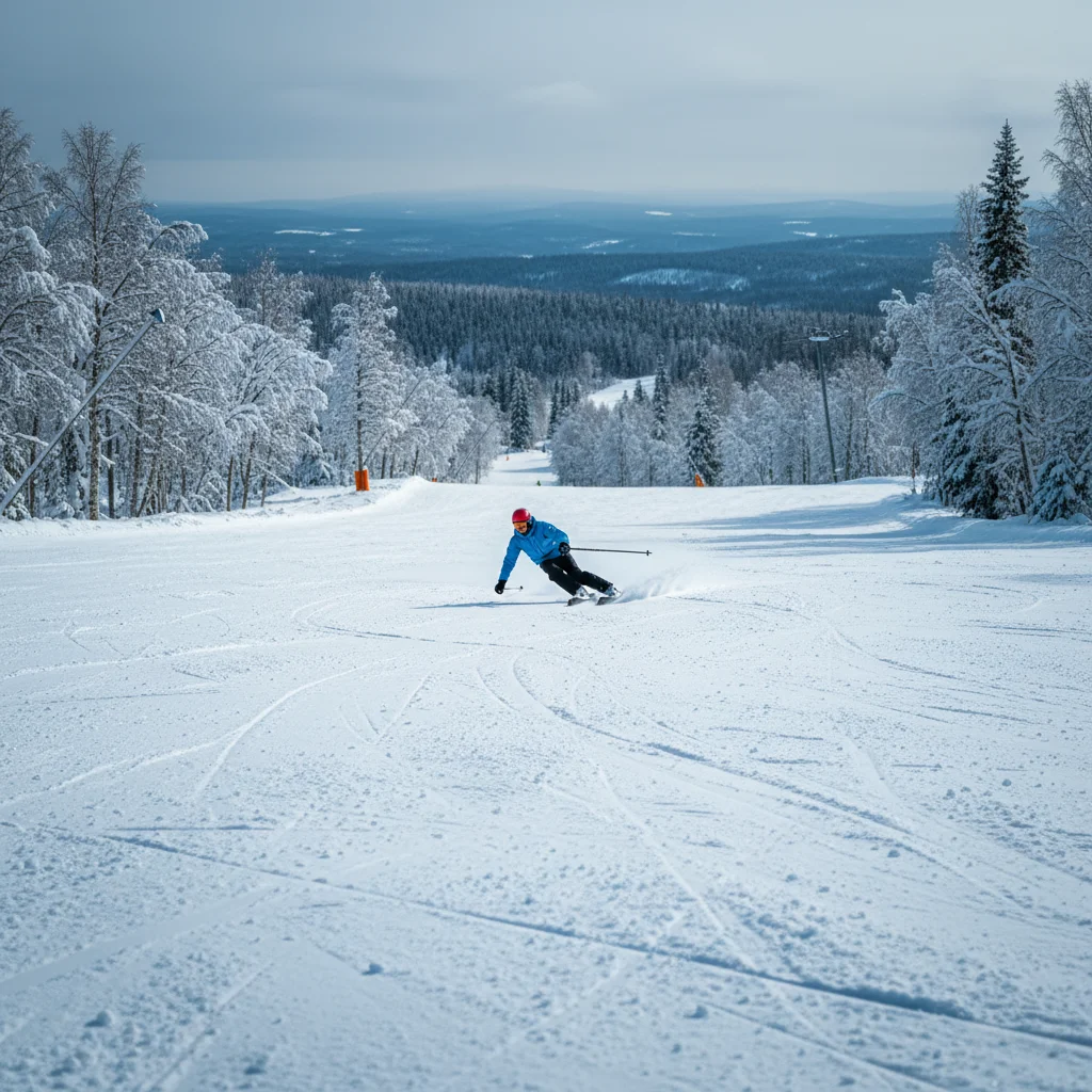 Skifahrer auf einer breiten Piste in einem skandinavischen Skigebiet mit verschneiten Birkenwäldern