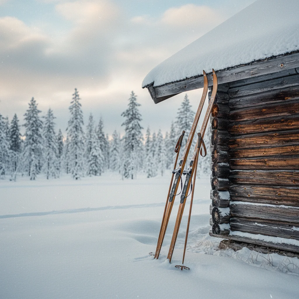 Langlaufski und Stöcke im Schnee vor einer Hütte in Lappland