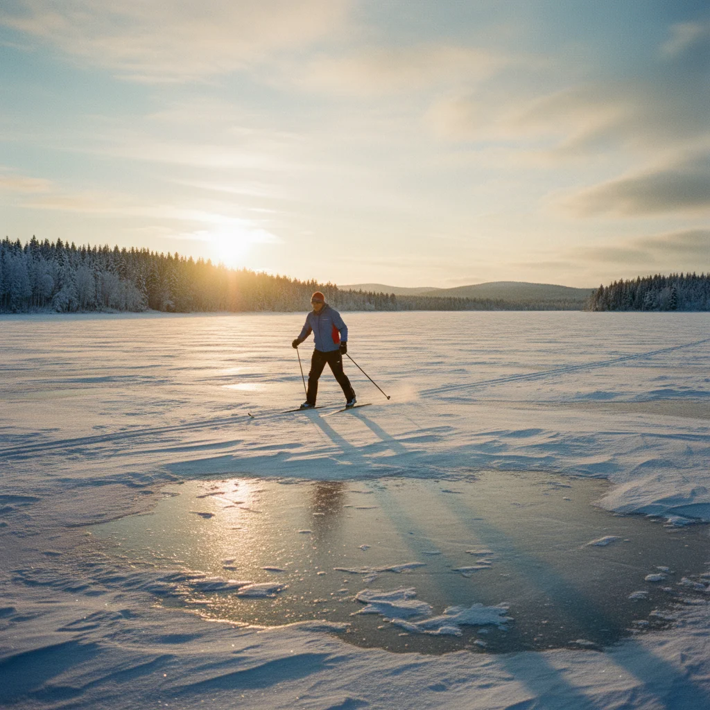 Langläufer auf einem zugefrorenen See in Finnland bei tiefstehender Sonne