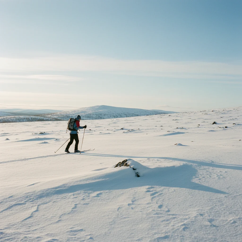 Langläufer auf einem offenen Fjell in Finnisch-Lappland bei Sonnenschein