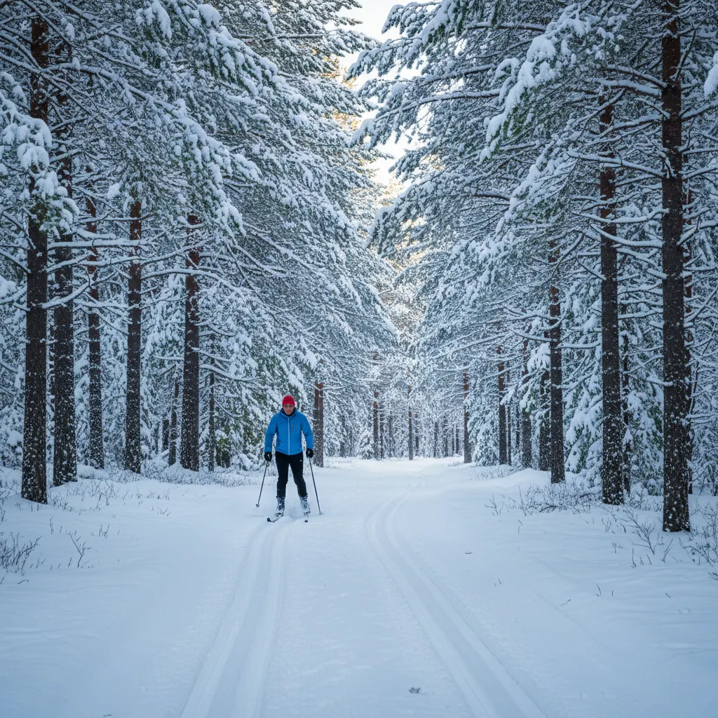 Langläufer auf einer gespurten Loipe durch verschneiten Wald in Lappland