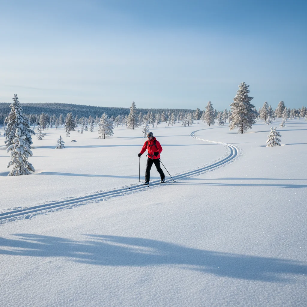 Langläufer auf einer Loipe in der verschneiten Landschaft Dalarnas in Schweden