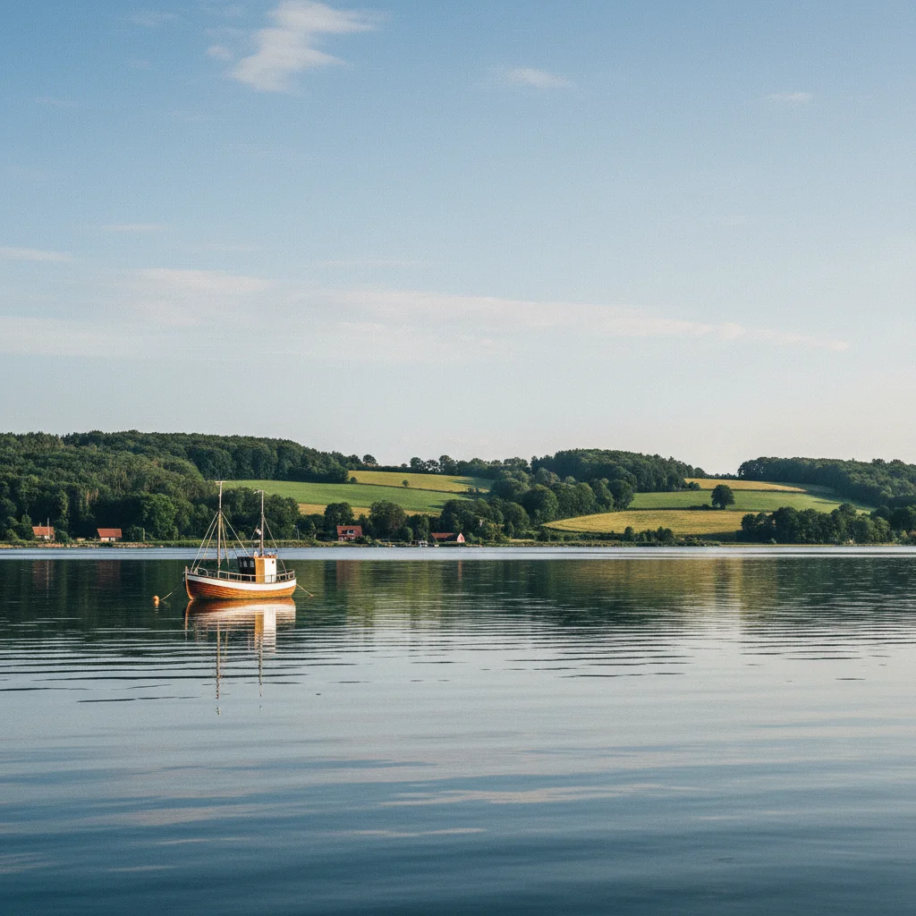 Roskilde Fjord mit ruhigem Wasser und grünen Hügeln am Ufer im Nationalpark Skjoldungernes Land