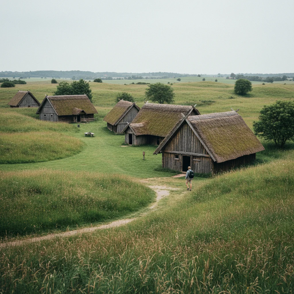 Historisches Gelände bei Lejre mit rekonstruierten Wikingerhäusern und grüner Landschaft