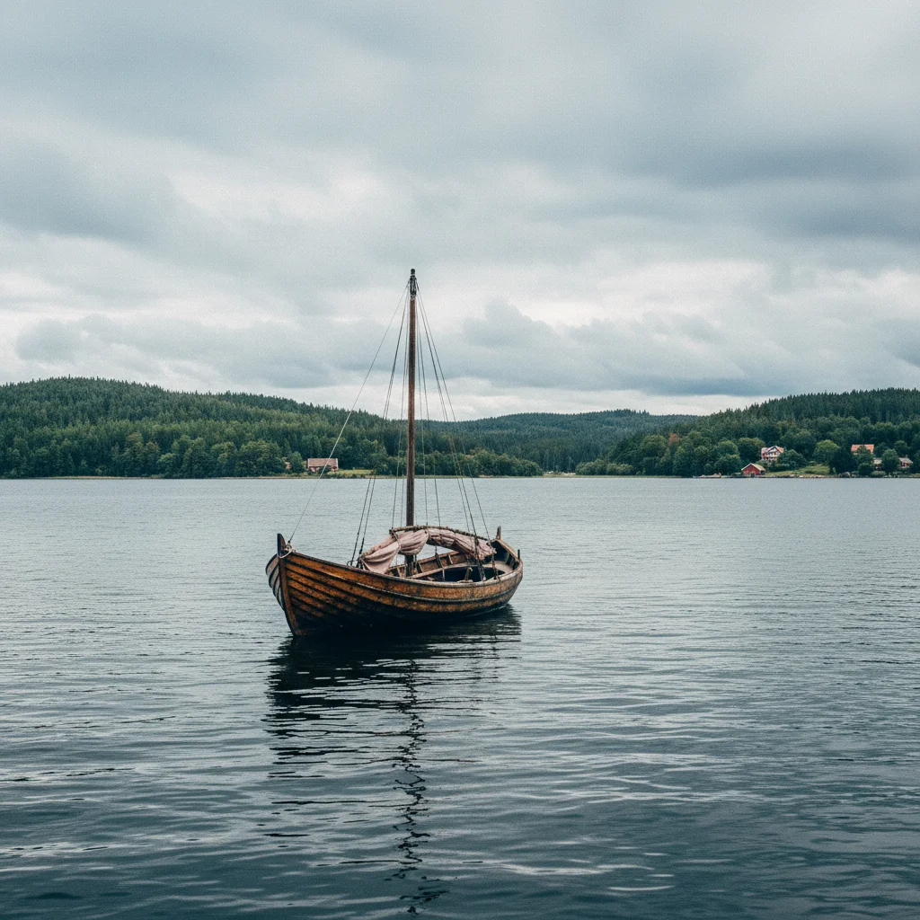 Holzboot auf dem Roskilde Fjord mit bewaldeten Ufern und wolkigem Himmel