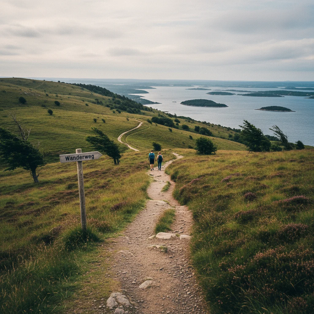 Wanderweg durch grüne Hügellandschaft im Nationalpark Skjoldungernes Land mit Fjordblick