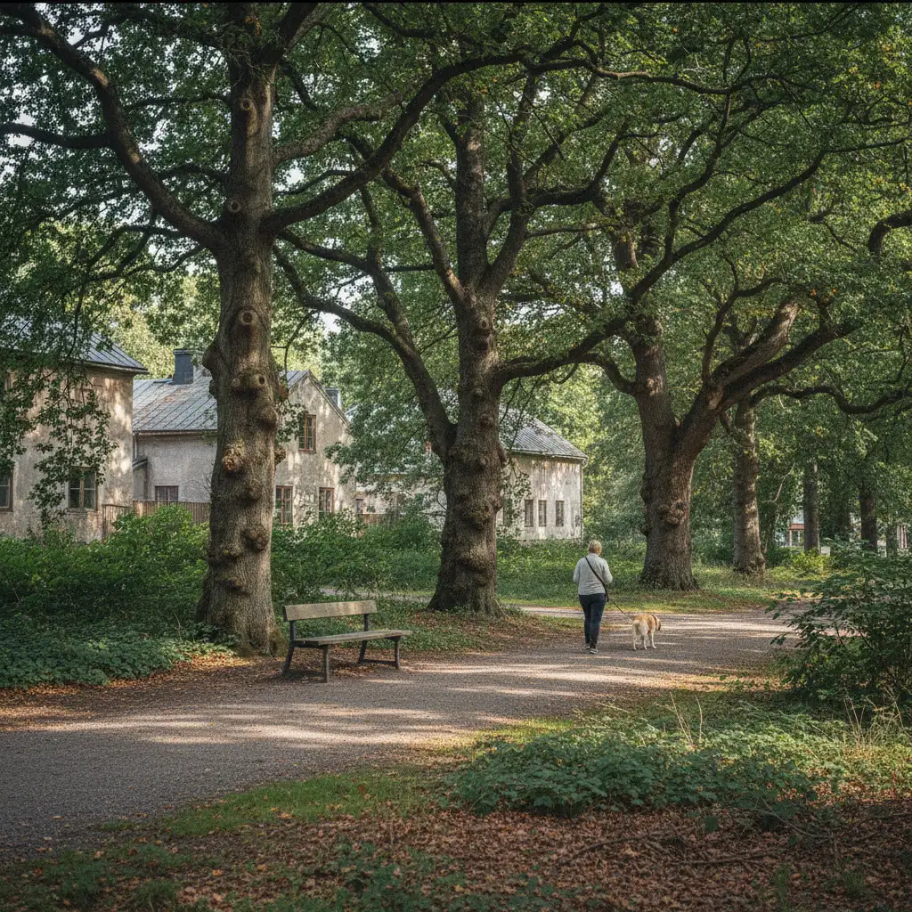 Boulognerwald in Skövde mit alten Bäumen und Spazierwegen