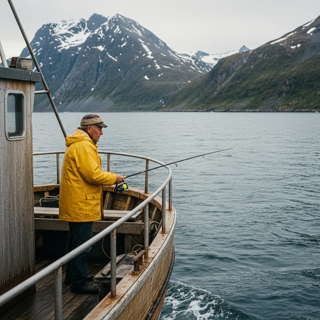 Angler auf einem Fischerboot vor der Küste von Skrova