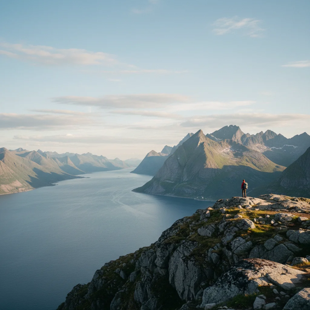 Blick vom Gipfel des Høgskrova über den Vestfjord und die Lofotenwand