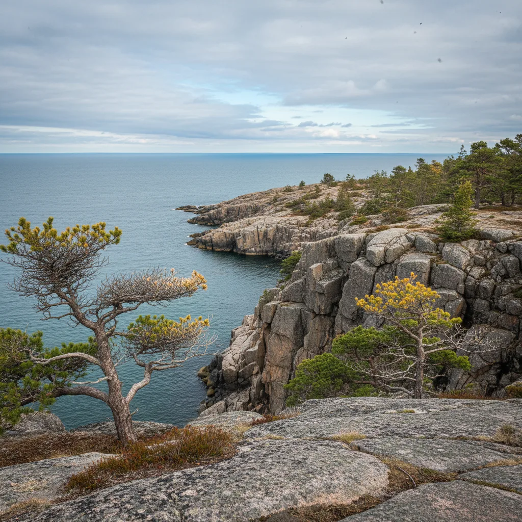 Steile Küstenklippen aus rotem Granit am Skuleskogen Nationalpark mit Blick auf die Ostsee