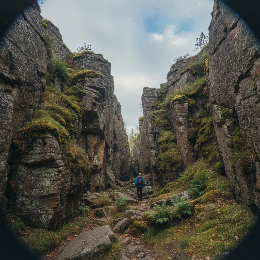 Blick in die tiefe Felsspalte Slåttdalsskrevan mit moosbewachsenen Granitwänden im Skuleskogen Nationalpark