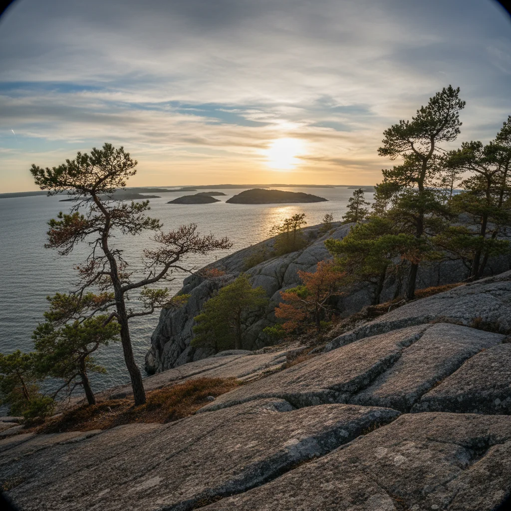 Sonnenuntergang über der Ostsee vom Skuleskogen Nationalpark gesehen mit orangem Licht auf den Granitklippen