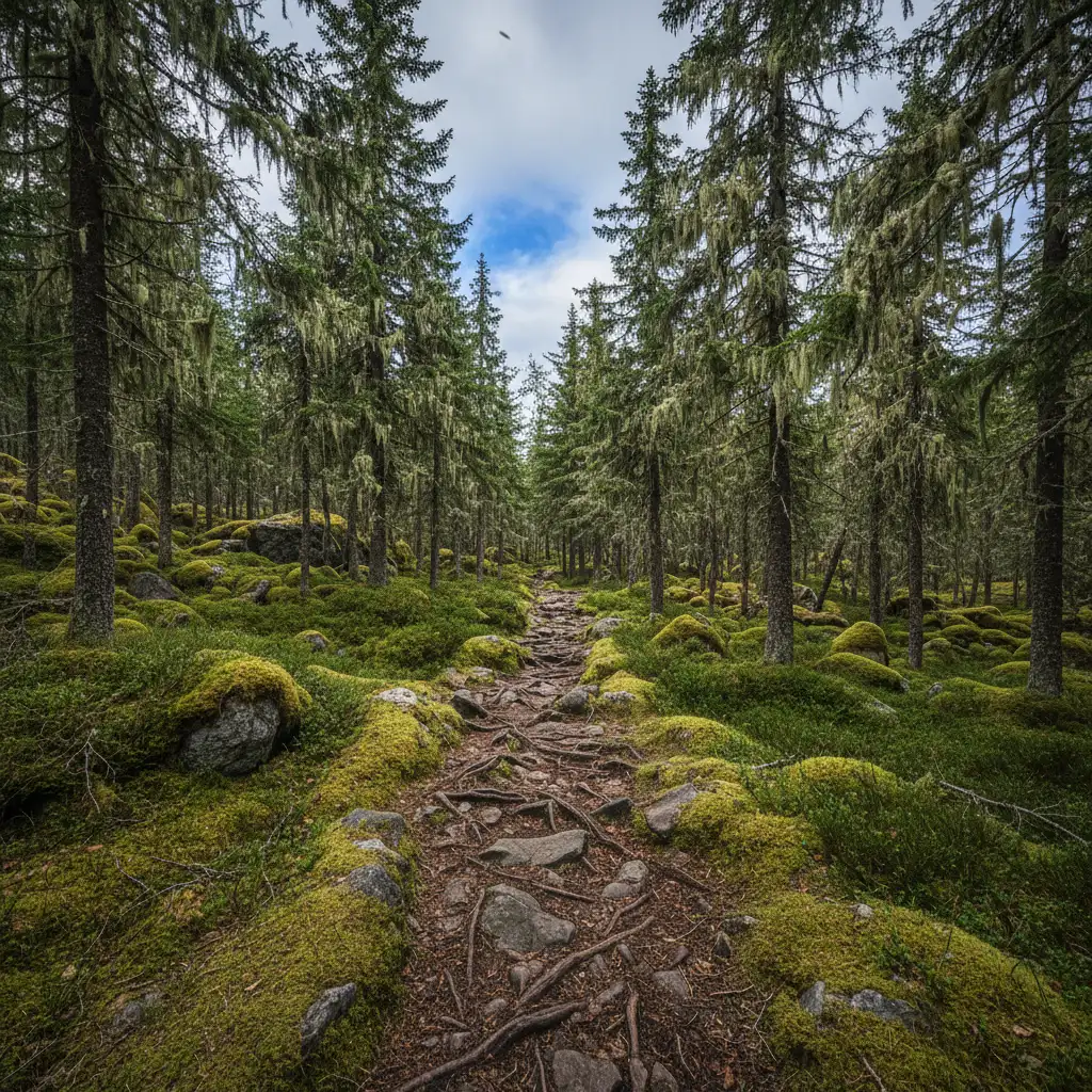 Wanderpfad durch alten Fichtenwald mit moosbewachsenen Steinen im Skuleskogen Nationalpark