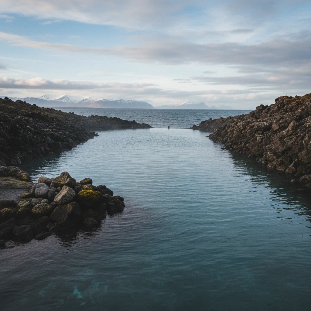 Infinity-Pool der Sky Lagoon in Reykjavík mit Blick auf den Atlantik