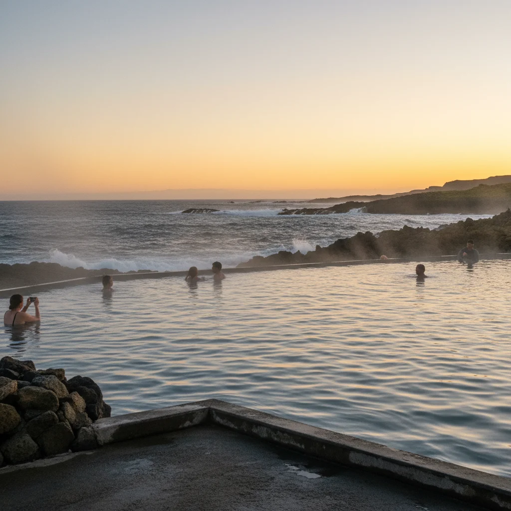 Sky Lagoon bei Sonnenuntergang mit Blick über den Atlantik