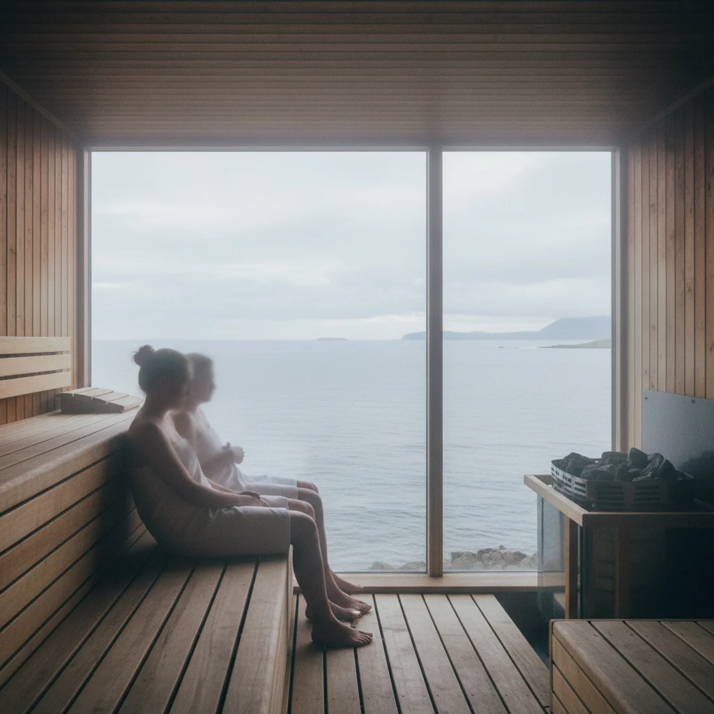 Sauna in der Sky Lagoon mit Meerblick