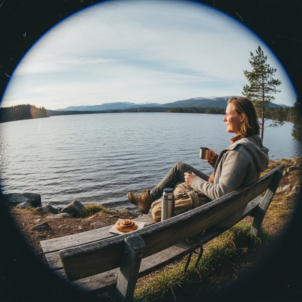 Fika-Pause auf einer Bank am See mit Kaffee und Zimtschnecke