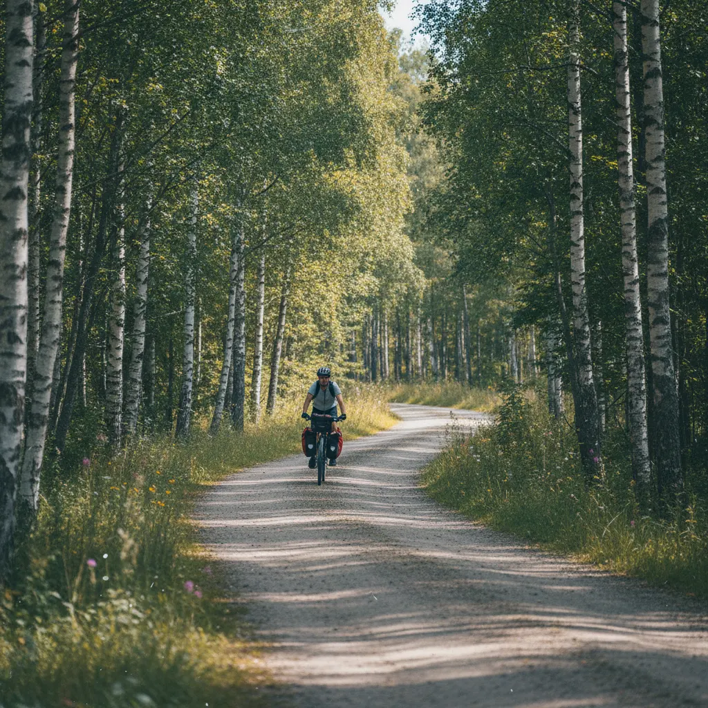Radfahrer auf einer ruhigen schwedischen Landstraße durch Birkenwald