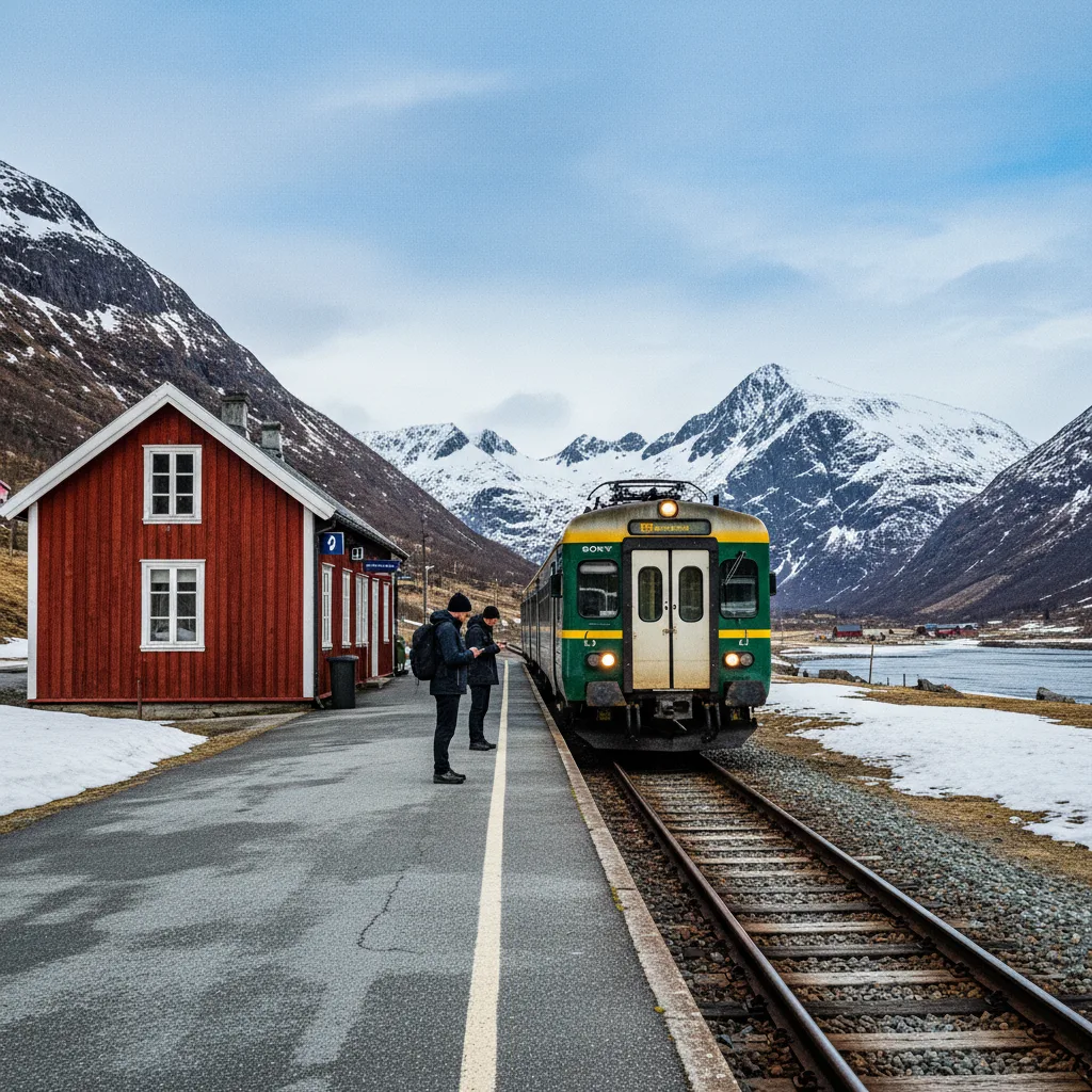 Kleiner Bahnhof in einer norwegischen Berglandschaft mit einem wartenden Zug