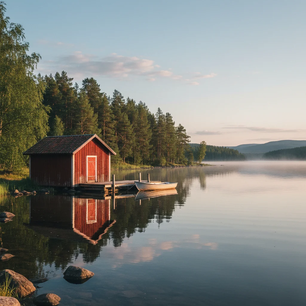 Kleine rote Holzhütte an einem ruhigen See in Schweden im Morgenlicht