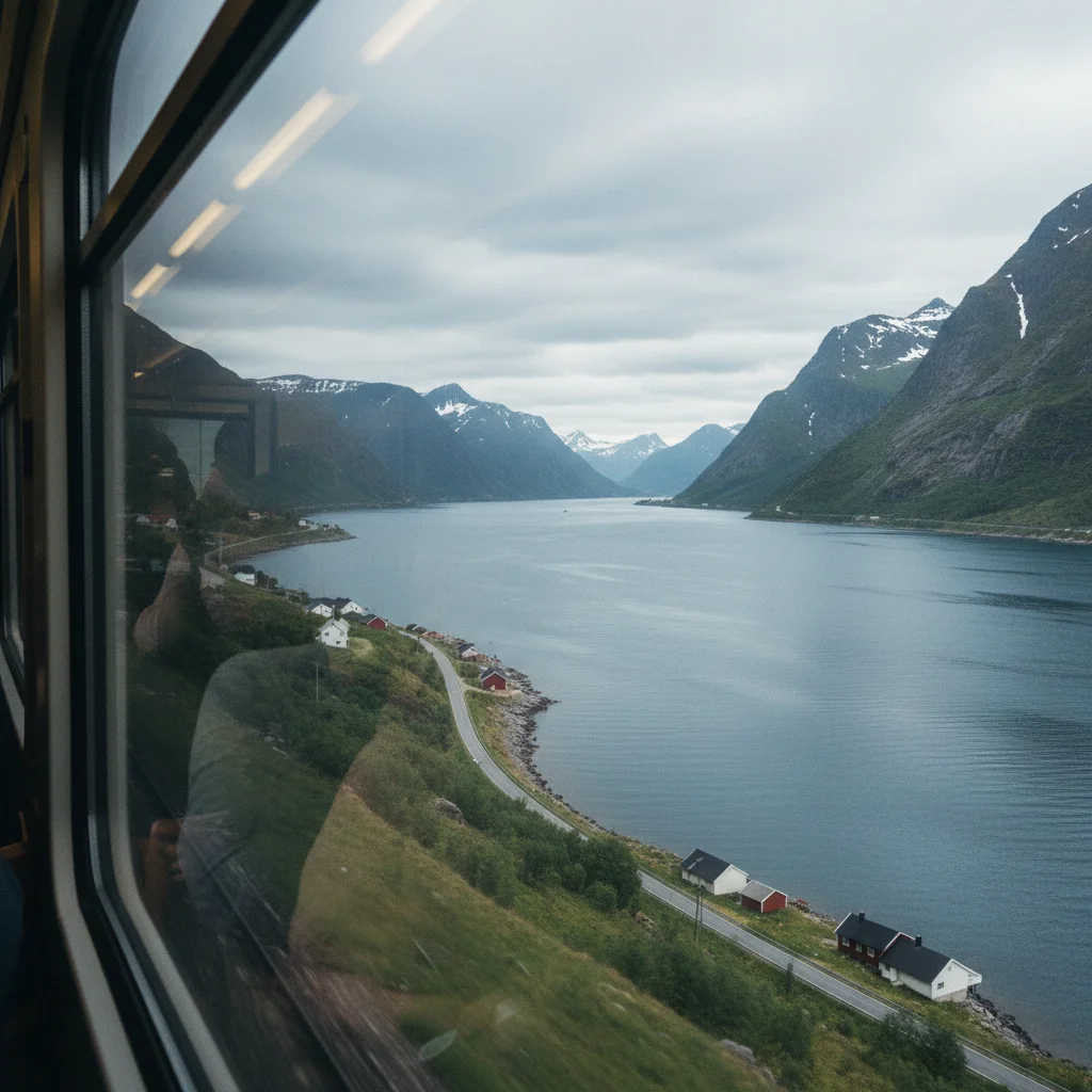 Blick aus einem Zugfenster auf eine vorbeiziehende skandinavische Fjordlandschaft